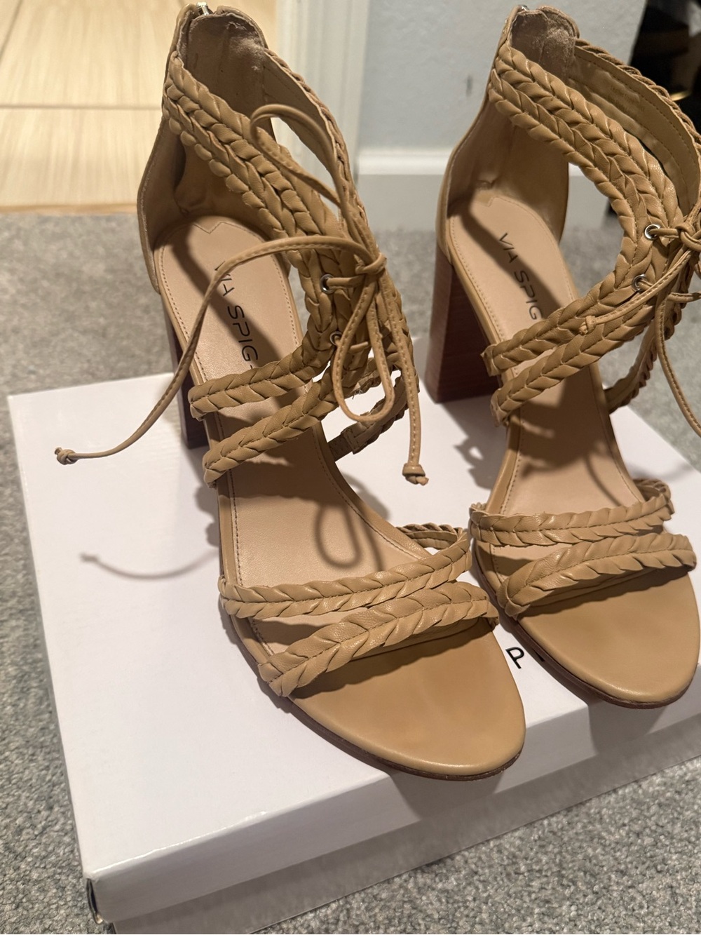 Via Spiga Braided Lace-Up Block Heel Sandals in Tan